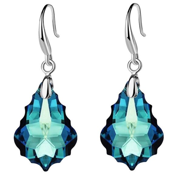 Silver with Bermuda Blue Austrian Crystal Baroque Dangling Drop Hook Earrings